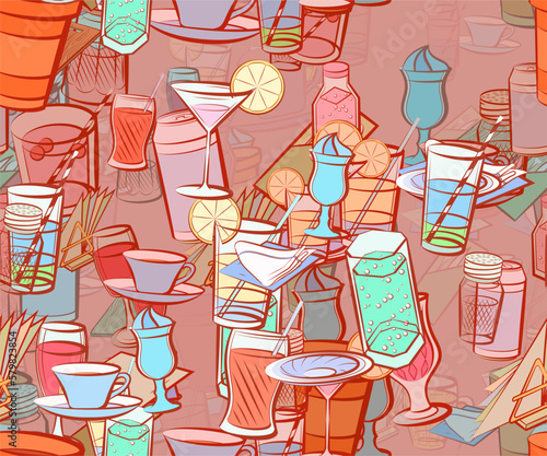 Background pattern abstract design texture. Seamless. Table setting and Drinks. Theme is about figured glass, fork, hot drink, cup, drinking tube, beer, wine, squares, cocktail, compote