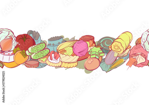 Background pattern abstract design texture. Snacks and Health food. Horizontal seamless stripe. Border frame, transparent background. Theme is about bitter, sweet, roll, spiral, in the leaves