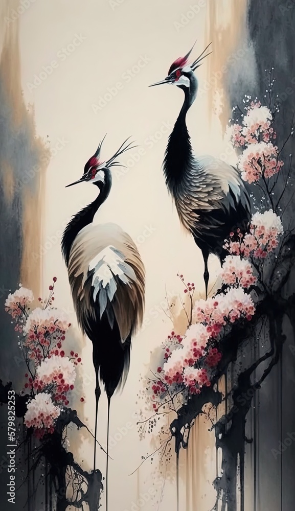 Fototapeta Red crowned cranes with flowers in mist, Chinese ink painting style, AI generative