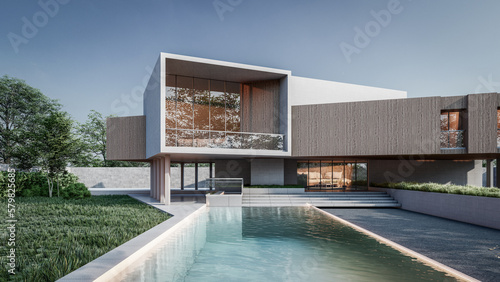 Architecture 3d rendering illustration of minimal house with swimming pool © Aris Suwanmalee