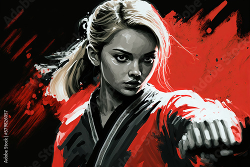 A committed blonde woman practicing martial arts according to the customs of a dojo, mixing red, black and white colors. Determined expression and focus. Generative AI photo
