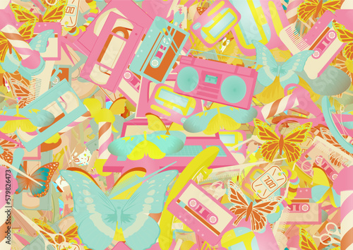 Background pattern abstract design texture. Seamless. Theme is about hair care, delicate, shaving, repeat, boombox, drawing, Red Admiral, graphic, clock, computer, pager, ornate, straight razor