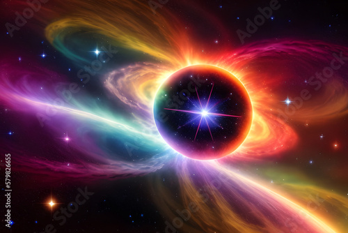 Artistic unique 3d rendering illustration of bright stars in a multicolored nebula space