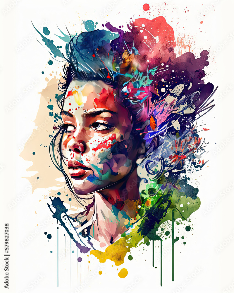 Portrait of a girl splashed with paint in watercolor style. Generative AI
