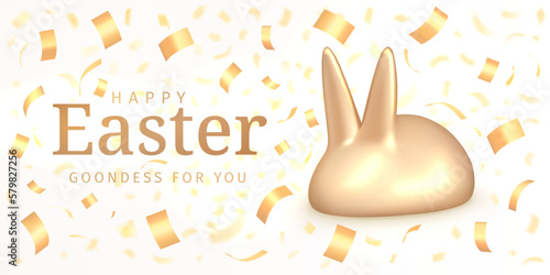 Happy Easter. Goodness for you. Holiday card with a figurine of a golden rabbit with congratulatory text surrounded by streamer of confetti. Suitable for Easter Sunday. 3d vector illustration