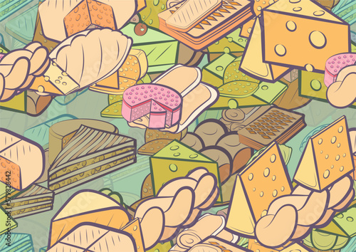 Background pattern abstract design texture. Seamless. Bakery products and Cheeses. Theme is about fried, hard cheese, round, thinly sliced, filling, common, cut, spicy, big, a sandwich
