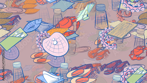 Background pattern abstract design texture. Seamless. Seafood and Table setting. Theme is about folded, squid, royal, mussels, spoon, saucer, holes, napkin holder, sea, seafood, nautical