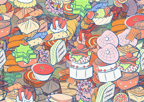Background pattern abstract design texture. Seamless. Snacks and Seafood. Theme is about tentacle, soup, Khinkali, loaf, cherry, royal, bacon, shell, meat, stuffed cabbage, sea, cucumber roll
