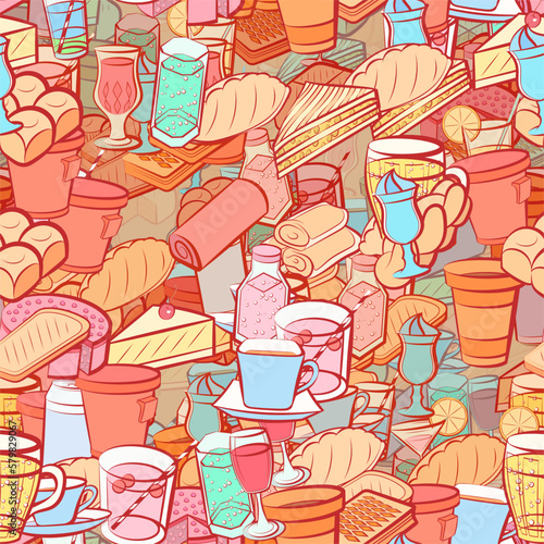Background pattern abstract design texture. Seamless. Drinks and Bakery products. Theme is about biscuit, sandwich, a sandwich, spicy, dissected, drinking straw, cut, wineglass, cherry, cake