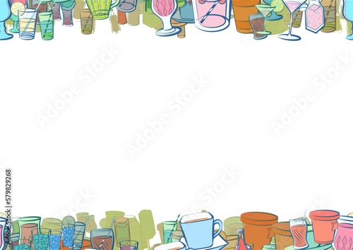 Background pattern abstract design texture. Alcohol and Drinks. Horizontal seamless stripes. Border frame, transparent background. Theme is about , stand, bottle, cardboard, champagne, mixture