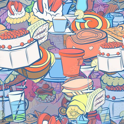 Background pattern abstract design texture. Seamless. Drinks and Snacks. Theme is about cucumber roll, stand, Khinkali, stick, crab meat, cream, plastic, saucer, caviar, sweet, cup, loaf