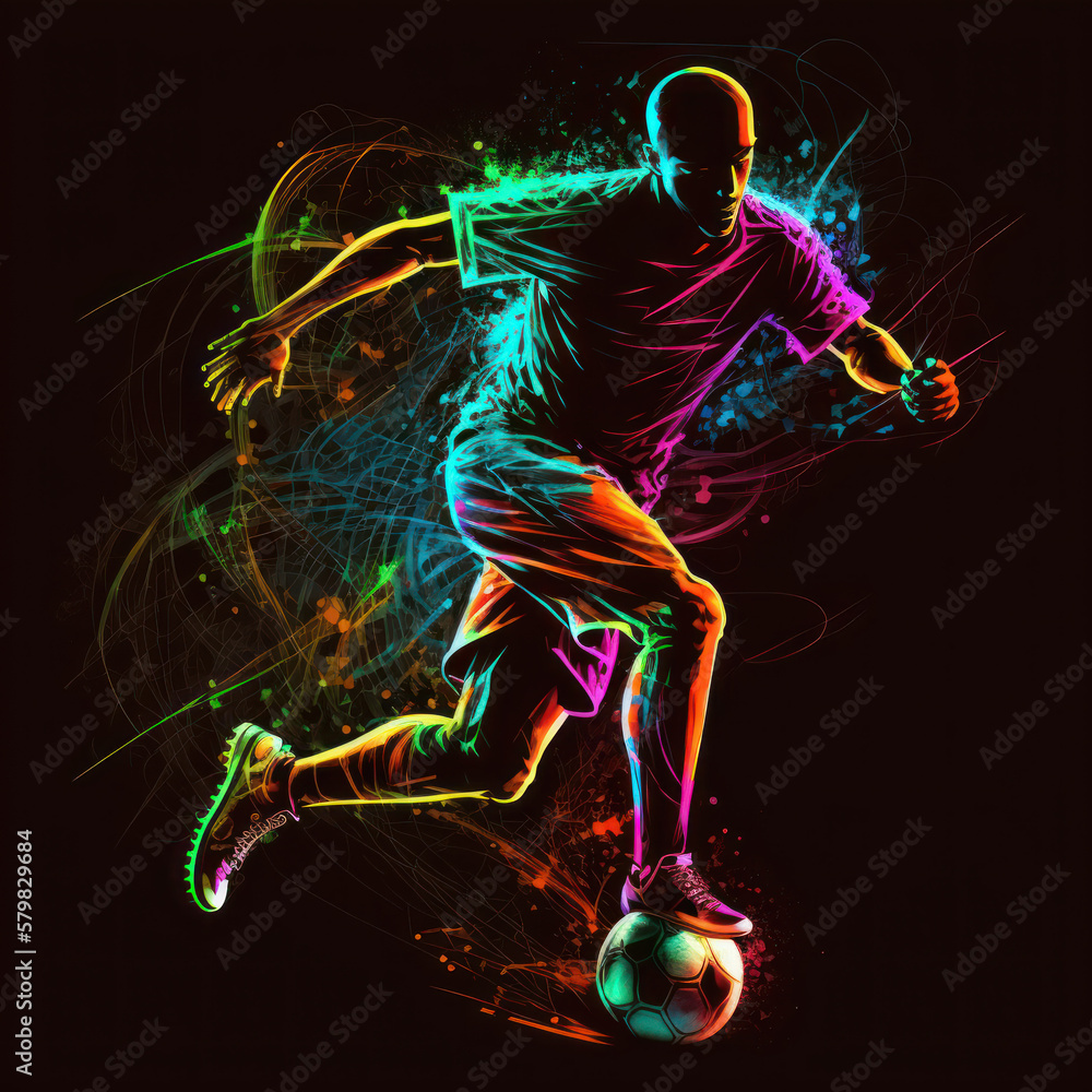 neon light, soccer player, silhouette, athlete, soccer player, victory, GENERATIVE AI