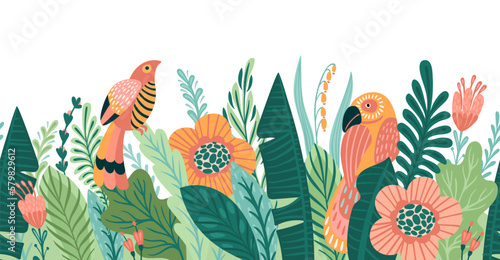 Abstract tropical illustration. Isolated seamless border for fabric, shop window, poster, cover, card, interior decor and other