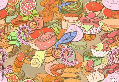 Background pattern abstract design texture. Seamless. Seafood and Snacks. Theme is about stuffed cabbage, tentacle, tartlet, cream, slice, borscht, yummy, salad, onigiri, star, caramel, cucumber roll