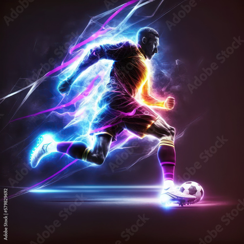 neon light, soccer player, silhouette, athlete, soccer player, victory, GENERATIVE AI © nishihata