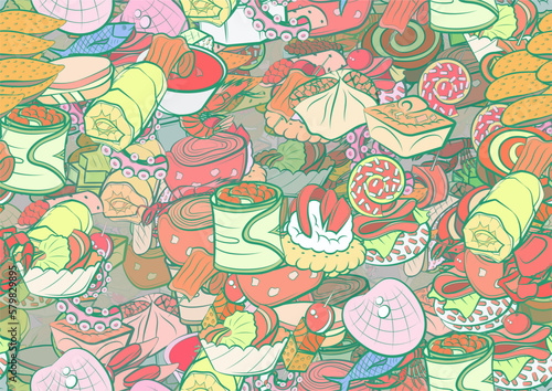 Background pattern abstract design texture. Seamless. Snacks and Seafood. Theme is about cucumber roll, star, wand, sausage, snack, yummy, claws, caramel, cream, onigiri, cherry, biscuit