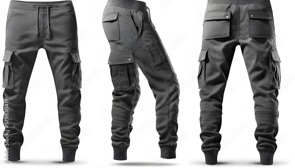 Three different views of a pair of pants created with Generative AI technology Three different views of a pair of pants created with Generative AI technology