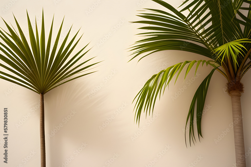 Shadow of palm tree leaves on beige wall