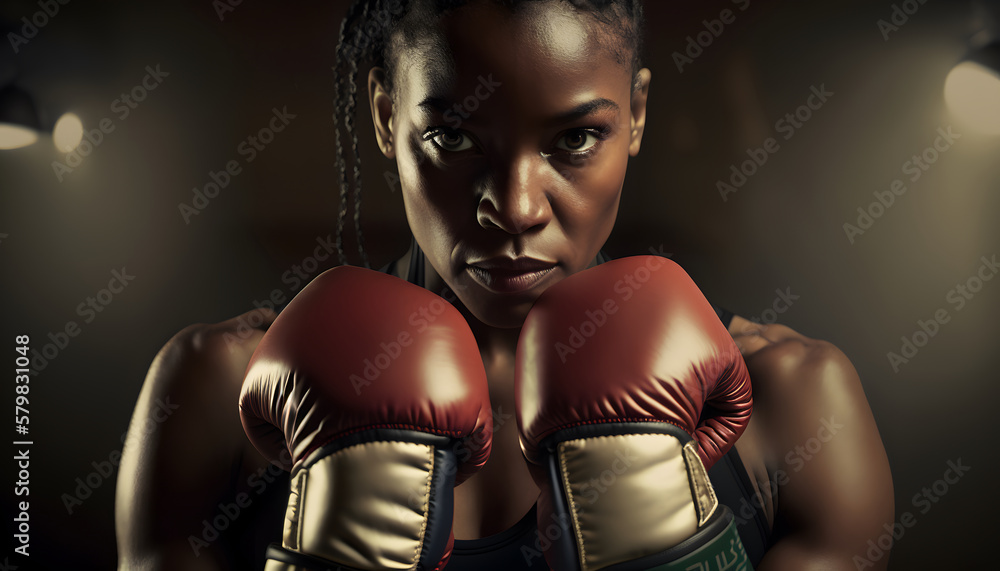 boxer woman with boxing gloves, confident pose