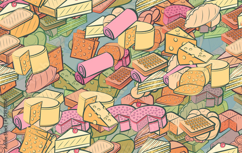 Background pattern abstract design texture. Seamless. Bakery products and Cheeses. Theme is about cheese, twist, biscuit, chunk a piece, lush, strudel, solid, a stack, saturated with filling