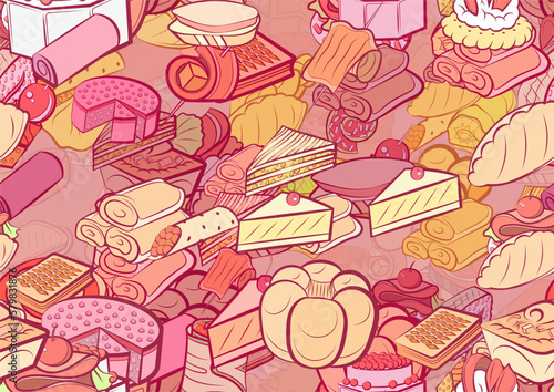 Background pattern abstract design texture. Seamless. Bakery products and Snacks. Theme is about filling, Khinkali, borscht, stuffed cabbage, pie, braid, caviar, round, molded, strung up