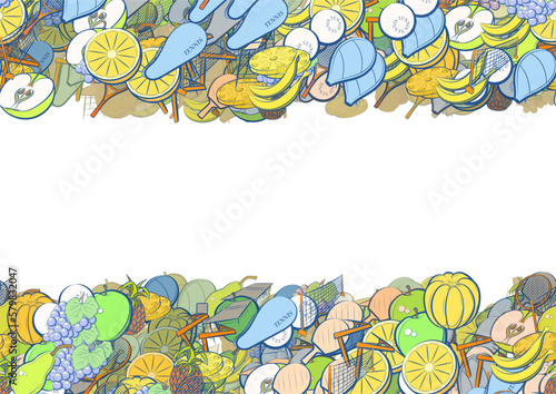 Background pattern abstract design texture. Tennis and Fruits. Horizontal seamless stripes. Border frame, transparent background. Theme is about slices, round grapes, racket, half, pin, incision