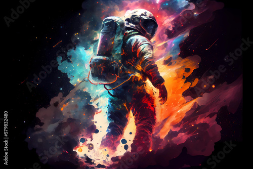 An astronaut explodes through a colorful nebula  Generative AI
