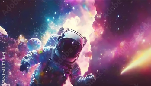 An astronaut explodes through a colorful nebula, Generative AI © Vincent