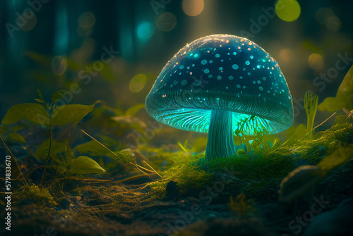 Magical mashroom in fantasy enchanted fairy tale forest. Generative AI.