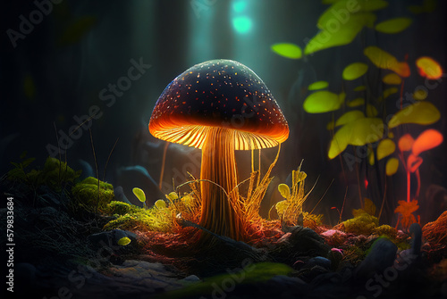 Magical mashroom in fantasy enchanted fairy tale forest. Generative AI.