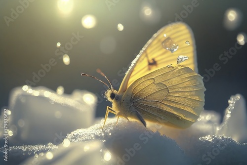 Beautiful butterflies in the snow. Snowfall Artistic winter christmas natural image. Winter and spring background. Generative AI. © Zoran Damjanovic