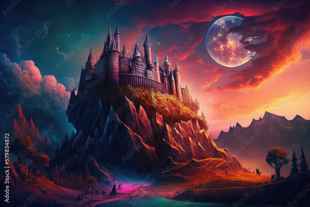 Fantasy Setting Landscape of a Medieval Fantasy Kingdom with a Majestic Castle as its ...