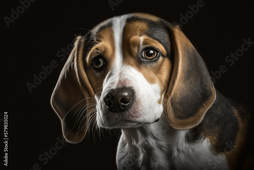 Adorable Beagle Puppy with a Tricolor Coat Sitting in a dark background