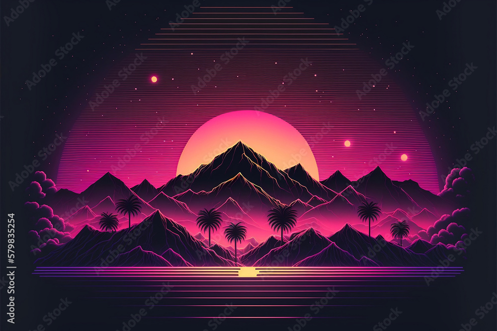 Synthwave magical landscape. Illustration in pink, black and blue colors. Graphics from the 80s. Mountains, sun and starry sky in the background. Generative AI.