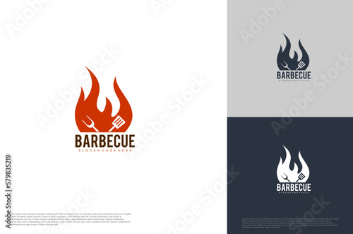 barbecue grilled vector logo template. BBQ, grill food and restaurant icon with fire icon