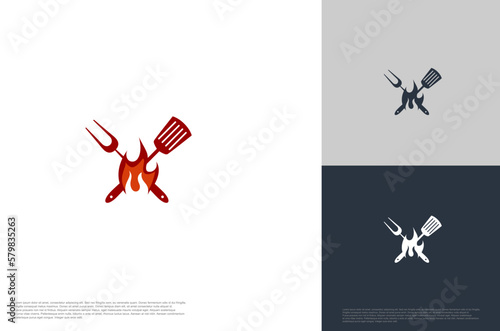 barbecue grilled vector logo template. BBQ, grill food and restaurant icon with fire icon