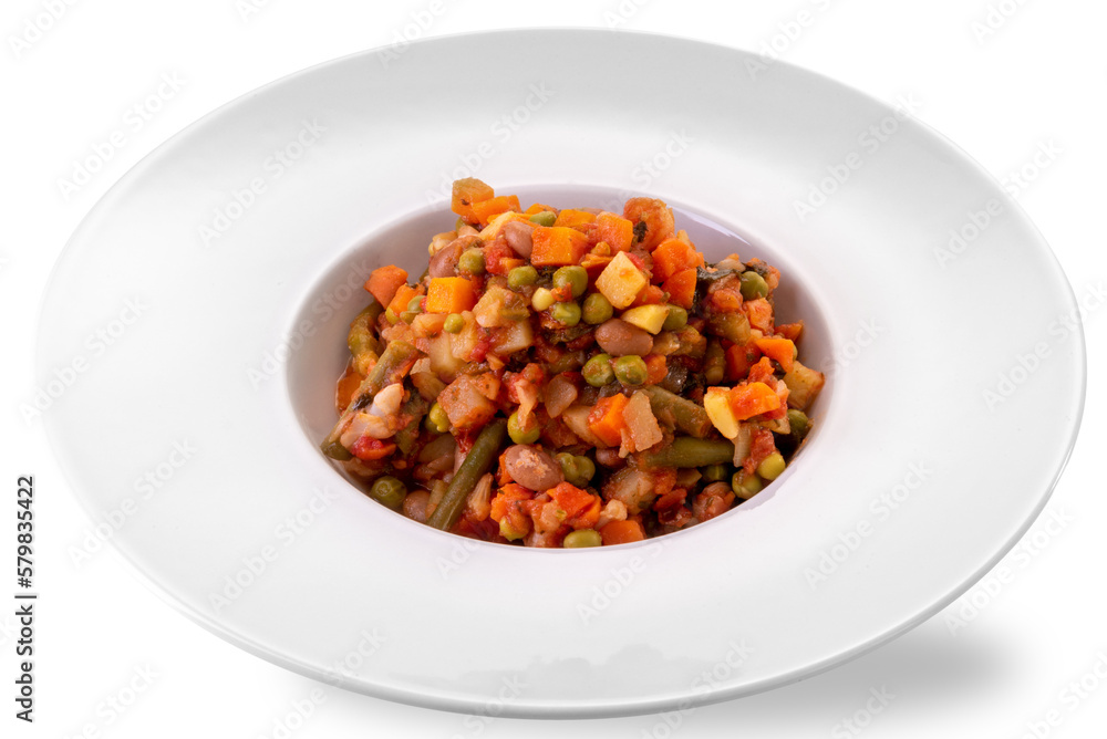 Vegetable stew (carrots, potatoes, peas, beans) in white dish