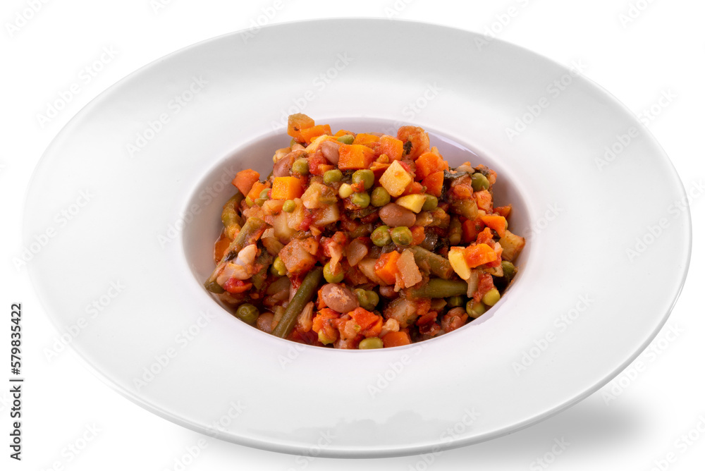 Vegetable stew (carrots, potatoes, peas, beans) in white dish Vegetable stew (carrots, potatoes, peas, beans) in white dish