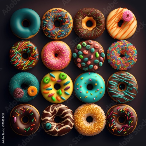 Stampa su tela Indulging in Sweet Temptations: A Colorful Array of Donuts on a Playful Wallpape