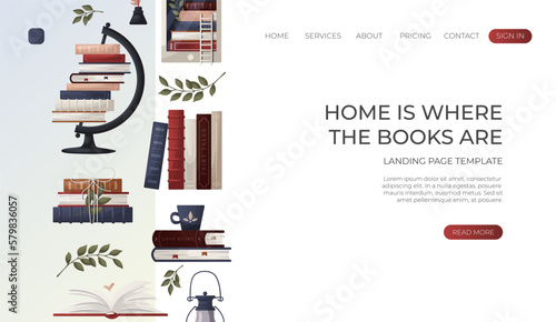 Landing page with reading stack of books with cup, open book, wooden letter tiles, lantern, globe, inkwell. Bookstore, bookshop, library, book lover, bibliophile, education. Vector for banner, website