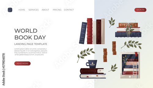 Landing page with reading stack of books with cup, bow, plant,  wooden letter tiles, electronic ebook reader. Bookstore, bookshop, library, book lover, bibliophile, education. Vector for banner, web