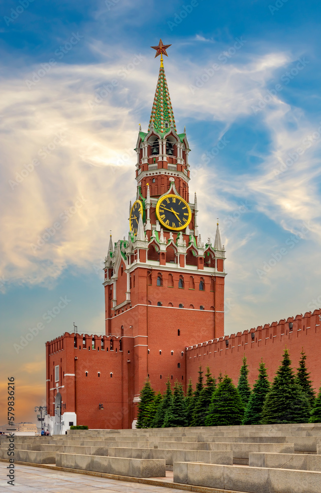 Spasskaya tower of Moscow Kremlin at sunset, Russia Spasskaya tower of Moscow Kremlin at sunset, Russia