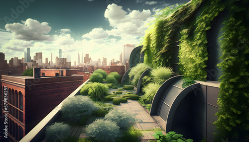 A photo of an urban rooftop garden, demonstrating the importance of integrating nature into cities #579836257
