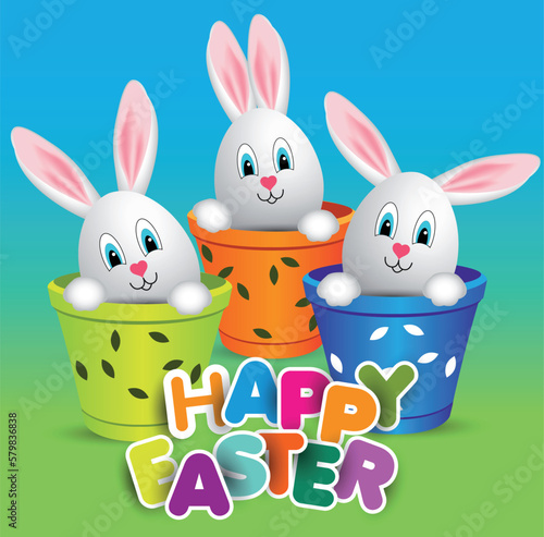 happy easter bunnies, bunnies with pink ears in a flower pot. heppy easter greeting card photo