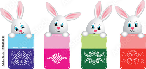 happy easter cute bunnies, happy easter greeting card, writing name, mongram happy easter