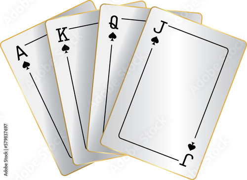 white playing cards with gold frame, ace, queen, jack, king