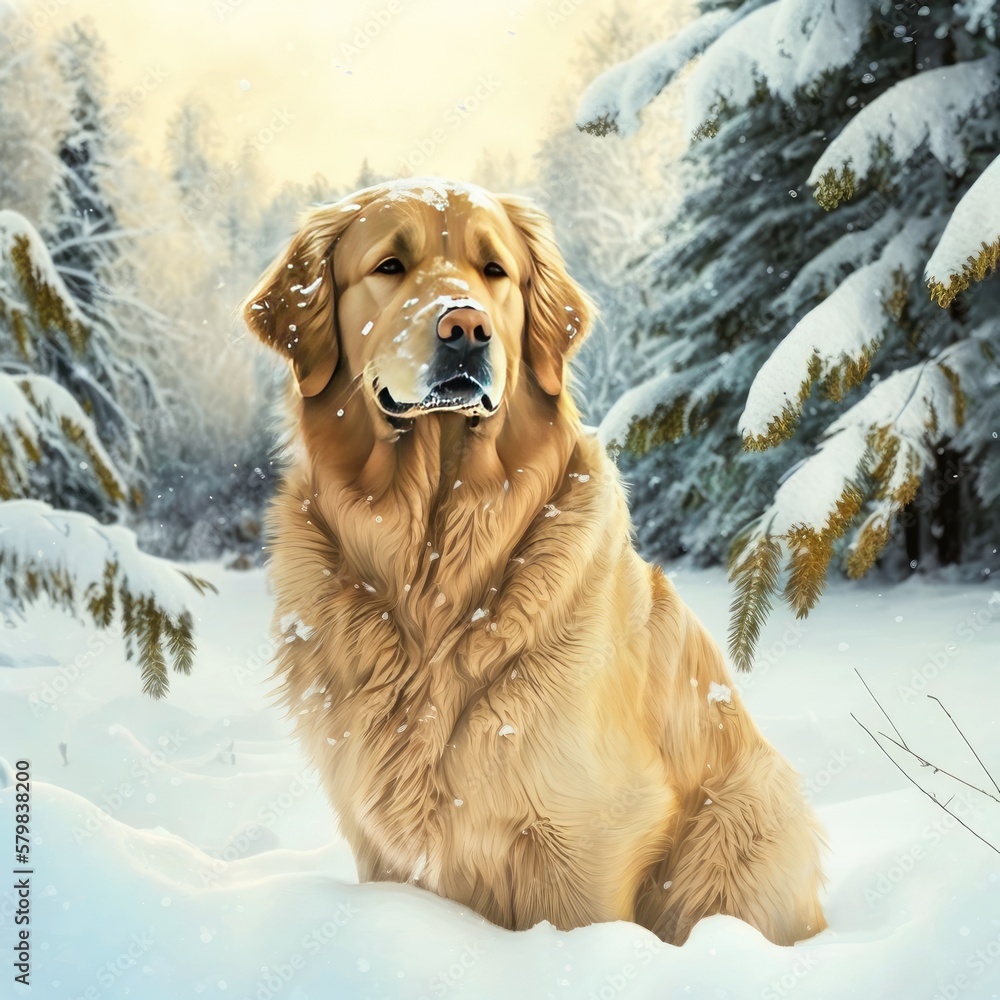 Fictional golden retriever dog representations, photography style, generative AI