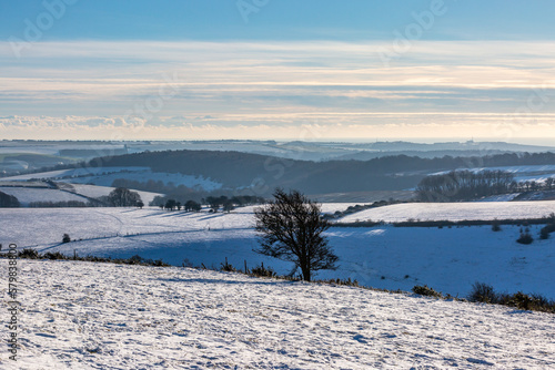 A view out over the South Downs from Ditchling Beacon, on a snowy winter's day
