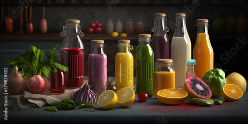 Variety of nutritious fruit and vegetable juices with fresh produce  ideal for a balanced diet.