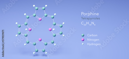 porphine molecule, molecular structures, porphin, 3d model, Structural Chemical Formula and Atoms with Color Coding photo
